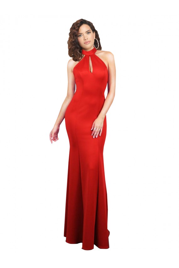 Compre Rojo Sirena Halter Satén elástico Largo Formales Vestidos de dama de honor / Vestidos de fiesta
