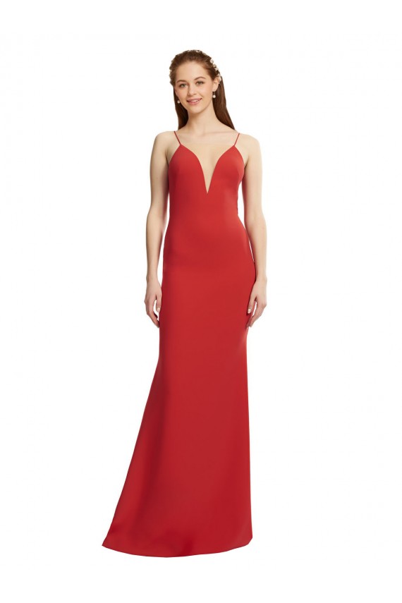 Compre Rojo Sirena Tirantes espagueti Cuello en V Crepé Elástico Largo Formales Vestidos de dama de honor / Vestidos de fiesta