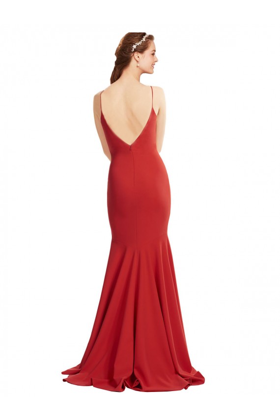Compre Rojo Sirena Tirantes espagueti Cuello en V Crepé Elástico Largo Formales Vestidos de dama de honor / Vestidos de fiesta