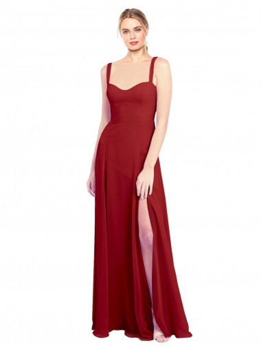 Compre Rojo línea A Cuello de Corazón Gasa Largo Vestidos de dama de honor