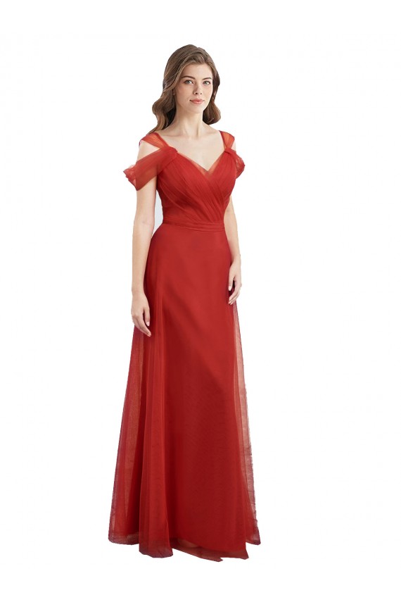 Compre Rojo línea A Cuello de Corazón Tul Largo Vestidos de dama de honor