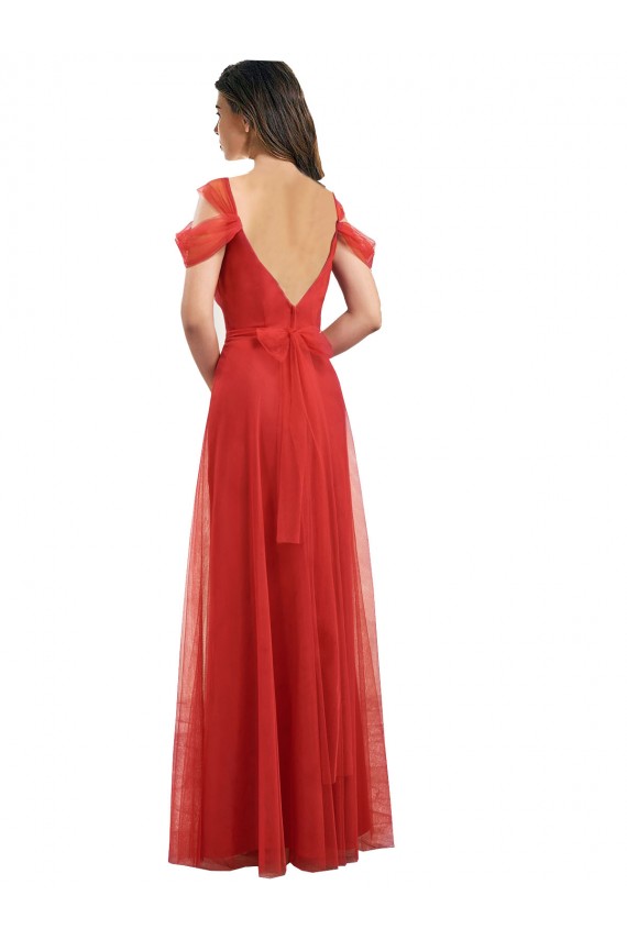 Compre Rojo línea A Cuello de Corazón Tul Largo Vestidos de dama de honor