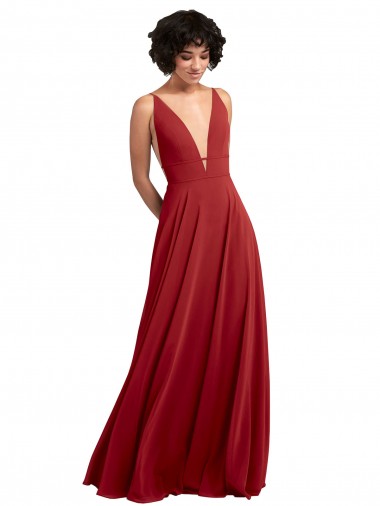 Compre Rojo línea A Cuello en V Gasa Largo Vestidos de dama de honor