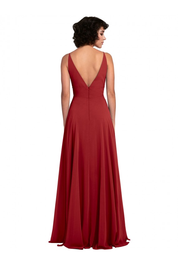 Compre Rojo línea A Cuello en V Gasa Largo Vestidos de dama de honor
