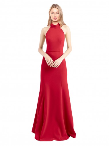 Compre Rojo línea A Halter Cuello Alto Crepé Elástico Largo Formales Vestidos de dama de honor / Vestidos de fiesta
