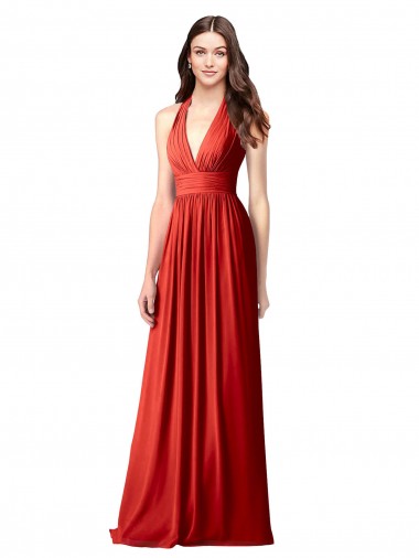 Compre Rojo línea A Halter Cuello en V Gasa Largo Vestidos de dama de honor