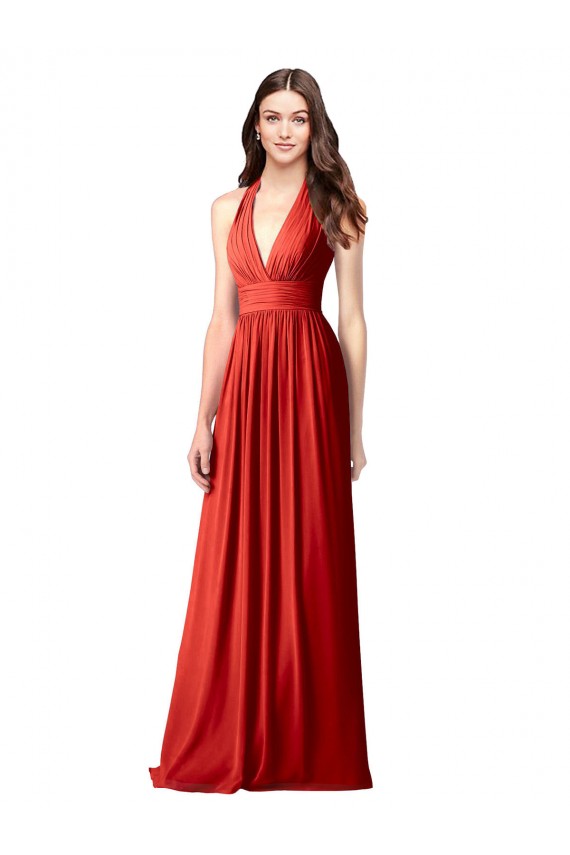 Compre Rojo línea A Halter Cuello en V Gasa Largo Vestidos de dama de honor