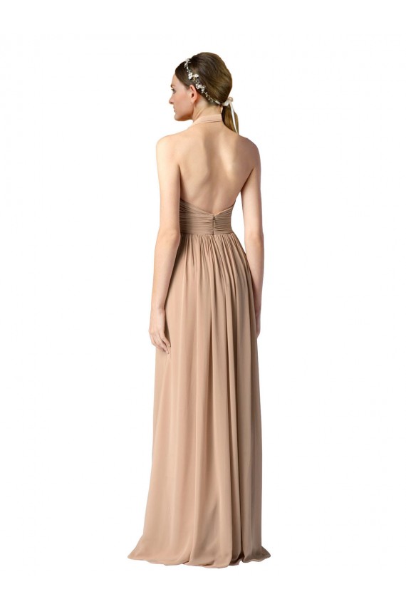 Compre Rojo línea A Halter Cuello en V Gasa Largo Vestidos de dama de honor