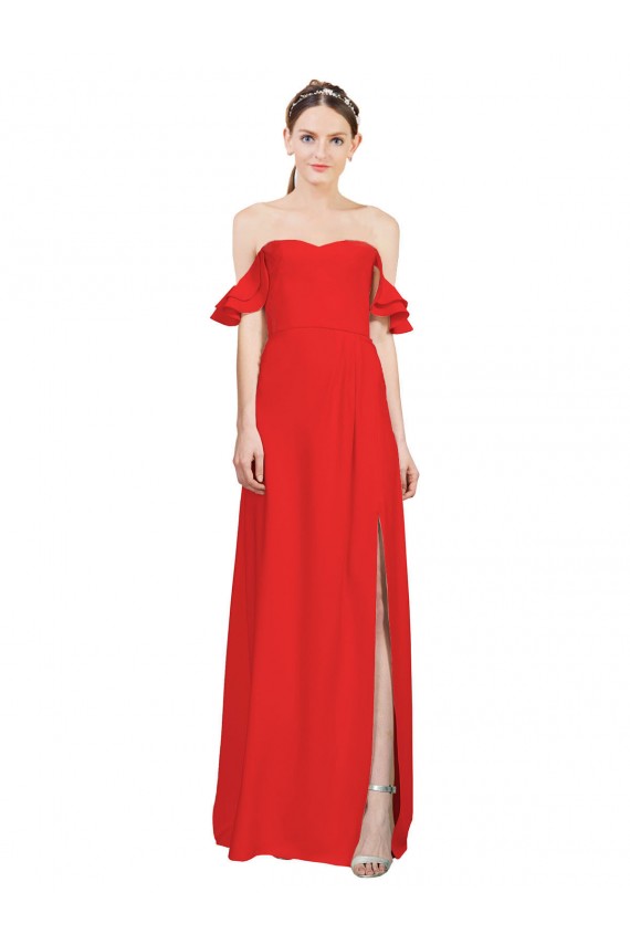 Compre Rojo línea A Hombros Descubiertos Crepé Elástico Largo Formales Vestidos de dama de honor / Vestidos de fiesta