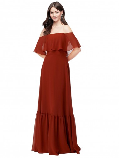 Compre Rojo línea A Hombros Descubiertos Gasa Largo Vestidos de dama de honor