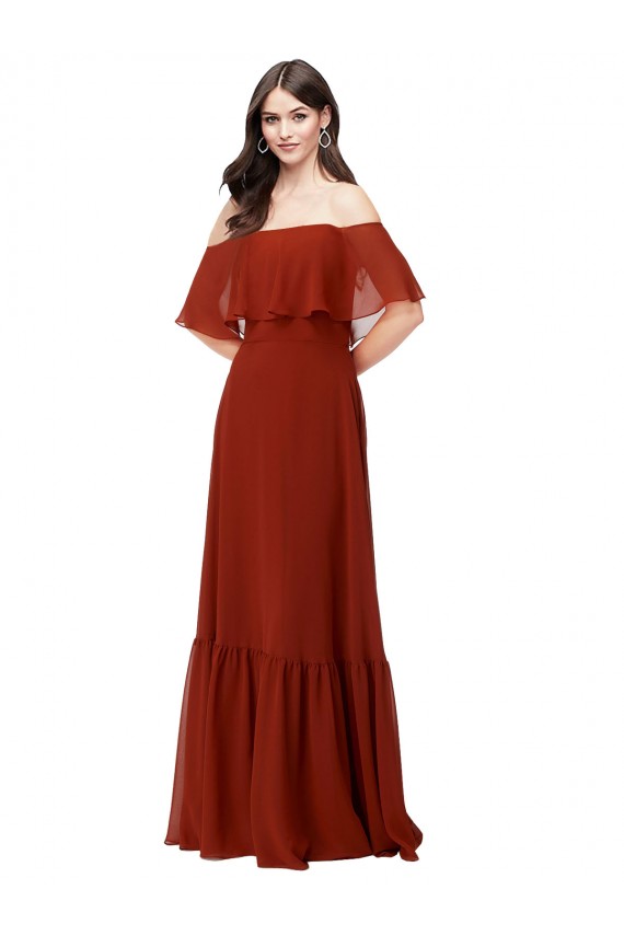 Compre Rojo línea A Hombros Descubiertos Gasa Largo Vestidos de dama de honor