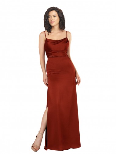 Compre Rojo línea A Tirantes espagueti Cuadrado Satén sedoso Largo Formales Vestidos de dama de honor / Vestidos de fiesta