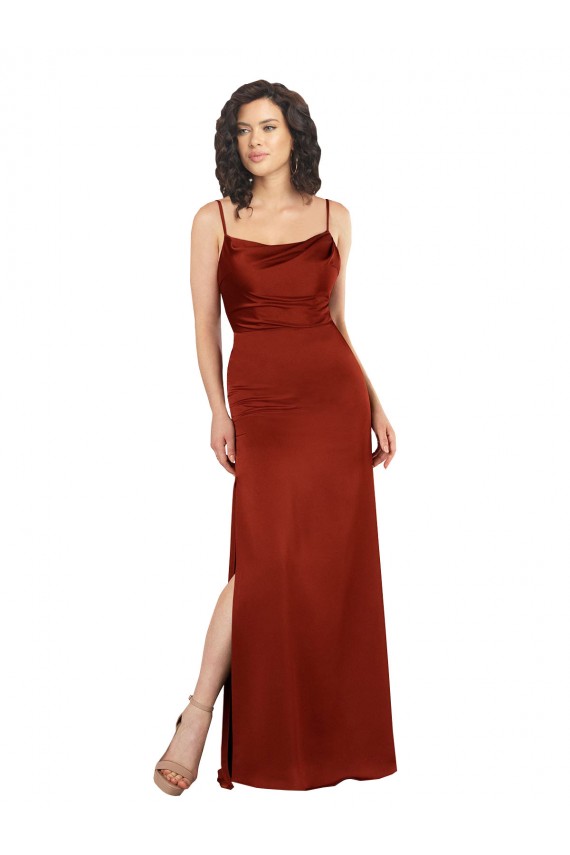 Compre Rojo línea A Tirantes espagueti Cuadrado Satén sedoso Largo Formales Vestidos de dama de honor / Vestidos de fiesta