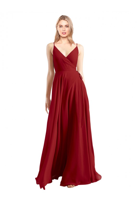 Compre Rojo línea A Tirantes espagueti Cuello en V Gasa Largo Vestidos de dama de honor