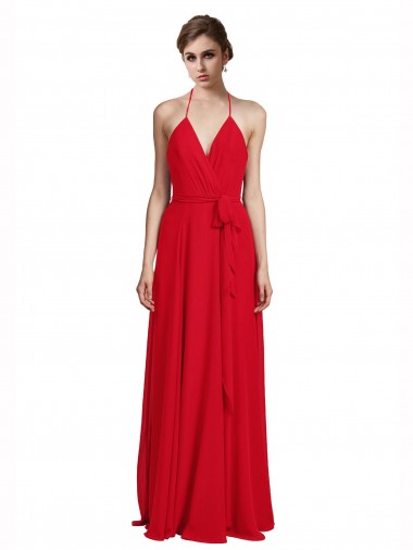 Compre Rojo línea A Tirantes espagueti Halter Cuello en V Gasa Largo Vestidos de dama de honor