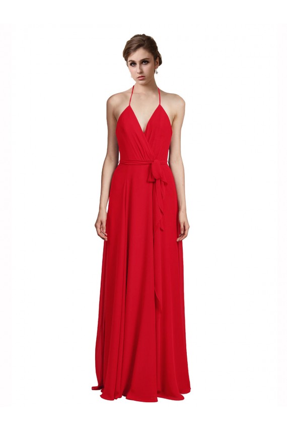 Compre Rojo línea A Tirantes espagueti Halter Cuello en V Gasa Largo Vestidos de dama de honor