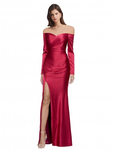 Compre Rojo oscuro Cubierta Cuello de Corazón Satén elástico Largo Formales Vestidos de dama de honor / Vestidos de fiesta