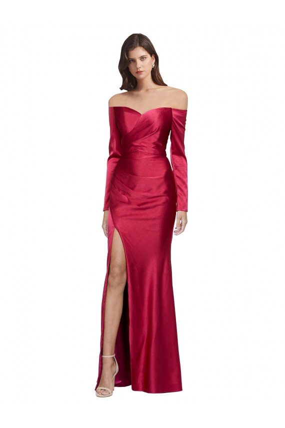 Compre Rojo oscuro Cubierta Cuello de Corazón Satén elástico Largo Formales Vestidos de dama de honor / Vestidos de fiesta