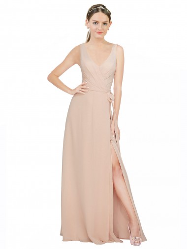 Compre Rosa 114 línea A Cuello en V Gasa Largo Vestidos de dama de honor