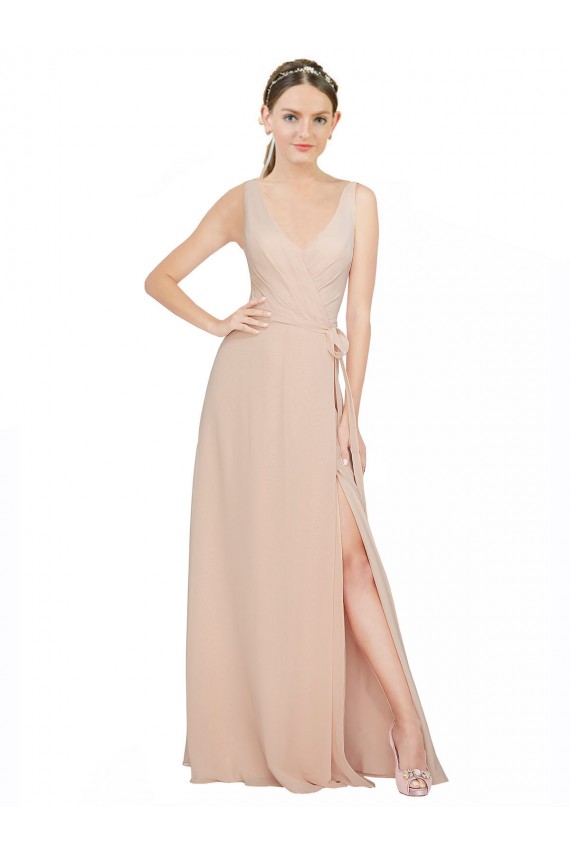 Compre Rosa 114 línea A Cuello en V Gasa Largo Vestidos de dama de honor