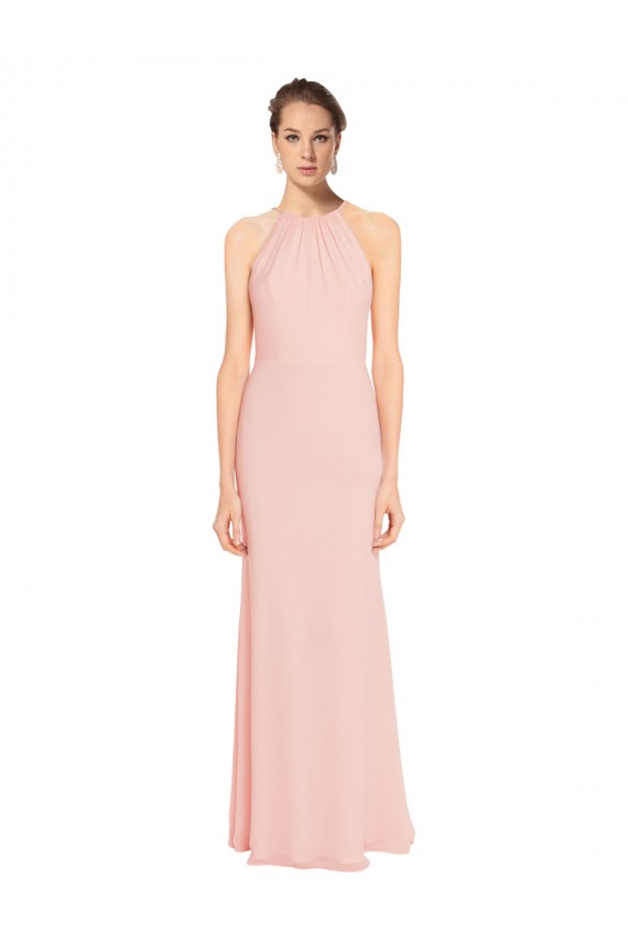 Compre Rosa 114 línea A Tirantes espagueti Halter Gasa Largo Vestidos de dama de honor