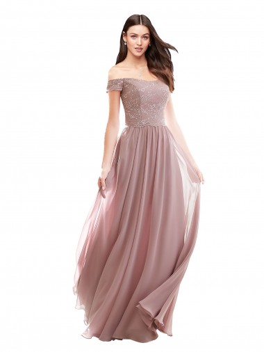 Compre Rosa 147 línea A Hombros Descubiertos Gasa Encaje Largo Vestidos de dama de honor
