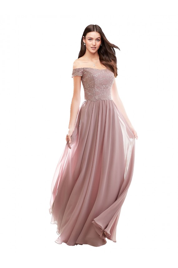 Compre Rosa 147 línea A Hombros Descubiertos Gasa Encaje Largo Vestidos de dama de honor