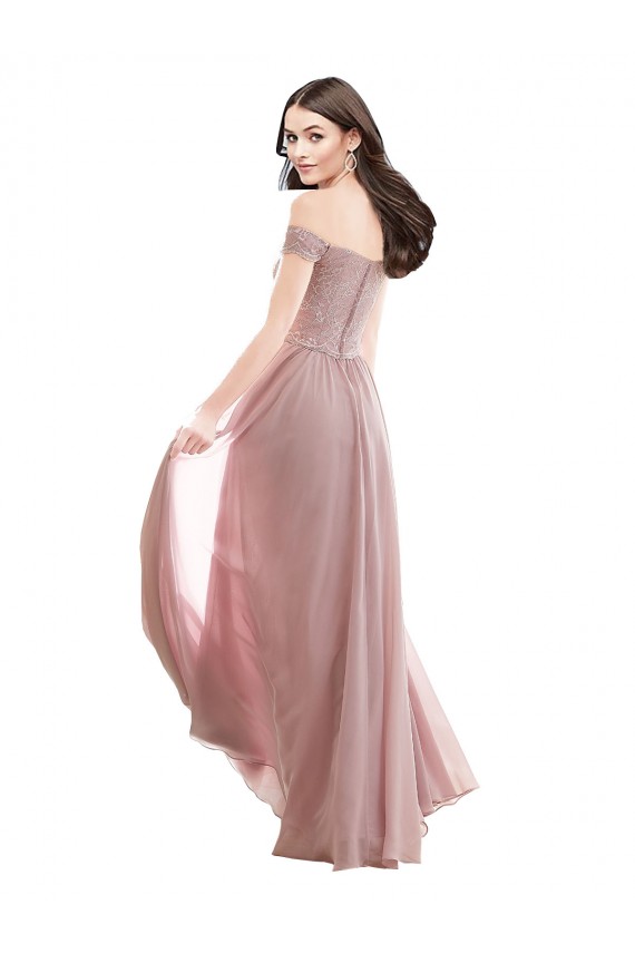 Compre Rosa 147 línea A Hombros Descubiertos Gasa Encaje Largo Vestidos de dama de honor