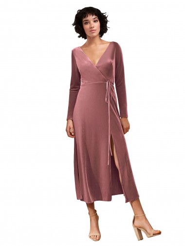 Compre Rosa Canela línea A Cuello en V Midi Terciopelo Elástico Corto Vestidos de dama de honor / Vestidos de fiesta