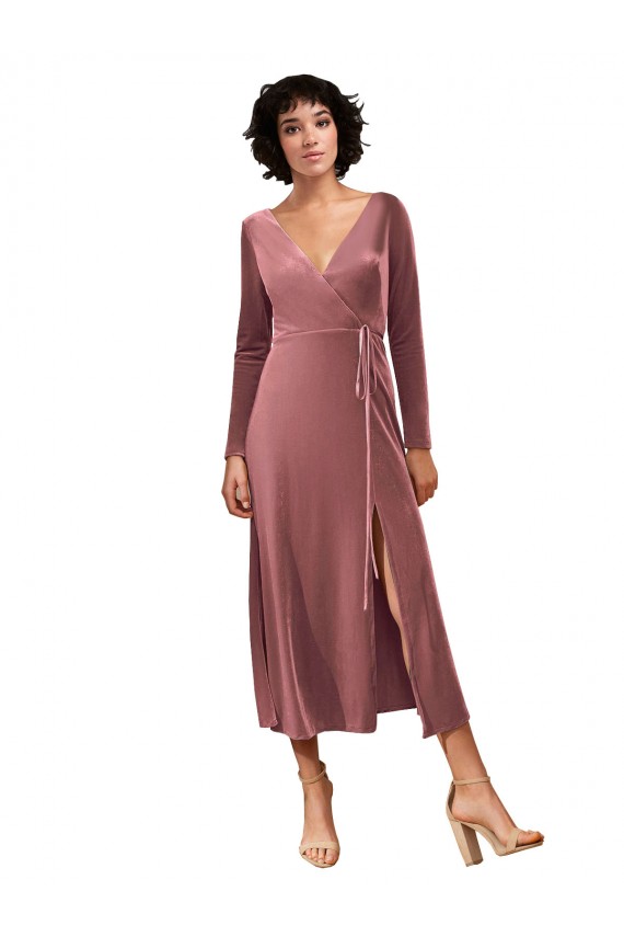 Compre Rosa Canela línea A Cuello en V Midi Terciopelo Elástico Corto Vestidos de dama de honor / Vestidos de fiesta