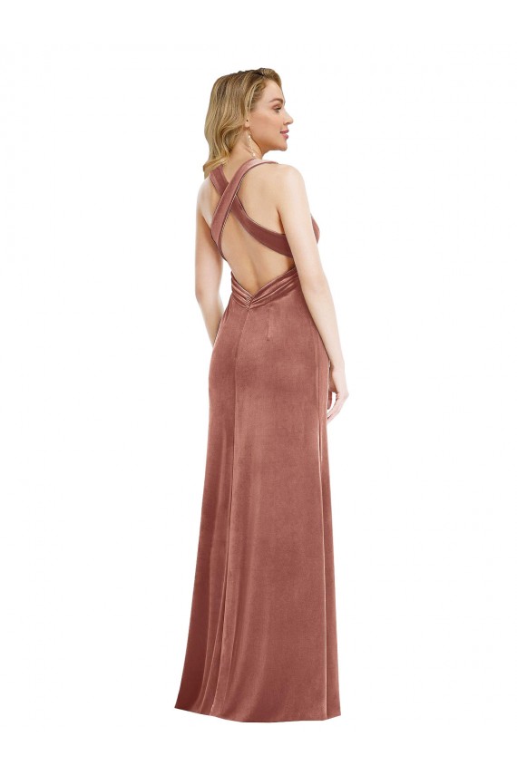Compre Rosa Canela línea A Cuello en V Terciopelo Elástico Largo Formales Vestidos de dama de honor / Vestidos de fiesta
