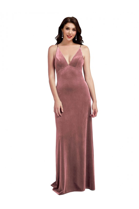Compre Rosa Canela línea A Cuello en V Terciopelo Elástico Largo Formales Vestidos de dama de honor / Vestidos de fiesta