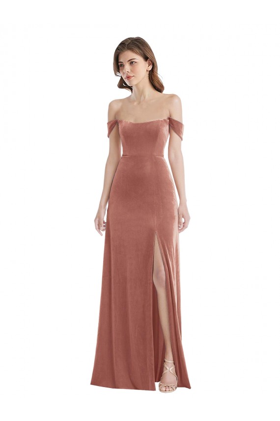 Compre Rosa Canela línea A Hombros Descubiertos Terciopelo Elástico Largo Vestidos de dama de honor / Vestidos de fiesta
