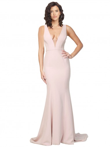Compre Rosa Cubierta Cuello en V Barrer tren Crepé Elástico Largo Formales Vestidos de dama de honor / Vestidos de fiesta