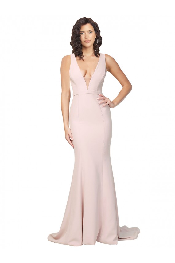 Compre Rosa Cubierta Cuello en V Barrer tren Crepé Elástico Largo Formales Vestidos de dama de honor / Vestidos de fiesta