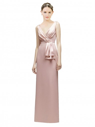 Compre Rosa Cubierta Cuello en V Satén Largo Vestidos de dama de honor