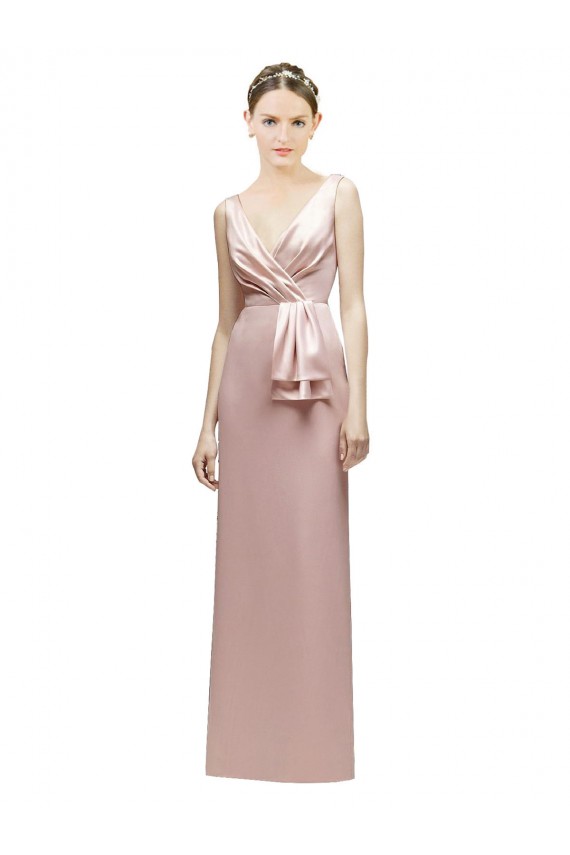 Compre Rosa Cubierta Cuello en V Satén Largo Vestidos de dama de honor