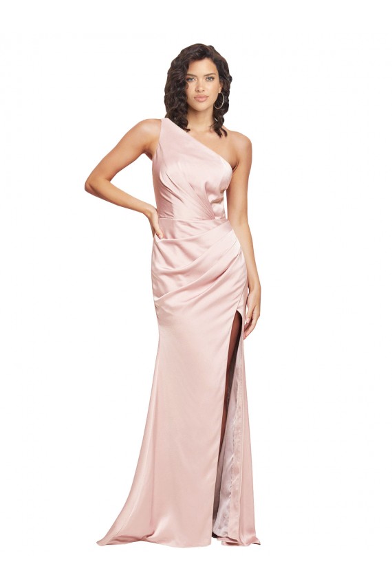 Compre Rosa Cubierta Un Hombre Satén sedoso Largo Formales Vestidos de dama de honor / Vestidos de fiesta
