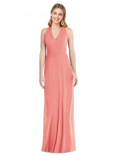 Compre Rosa Del Desierto Trompeta Halter Cuello en V Gasa Largo Formales Vestidos de dama de honor / Vestidos de noche