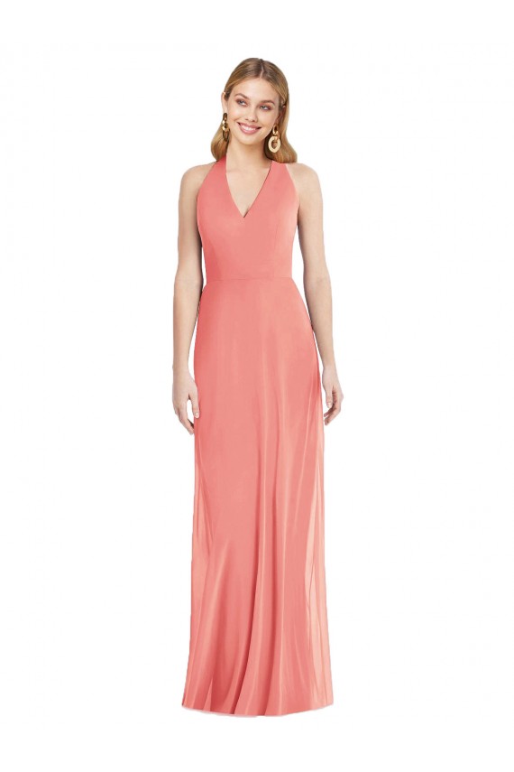 Compre Rosa Del Desierto Trompeta Halter Cuello en V Gasa Largo Formales Vestidos de dama de honor / Vestidos de noche