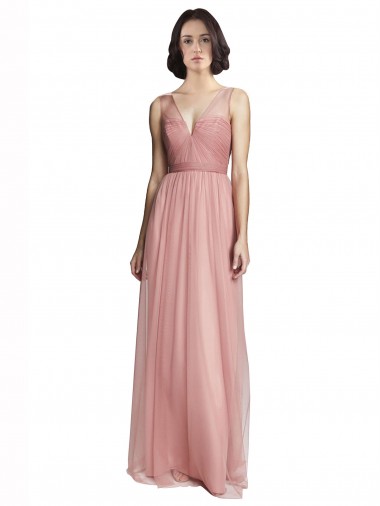 Compre Rosa Rosa línea A Cuello en V Tul Largo Vestidos de dama de honor