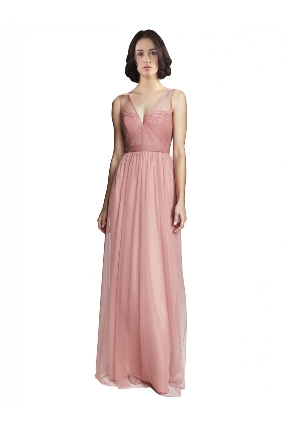Compre Rosa Rosa línea A Cuello en V Tul Largo Vestidos de dama de honor