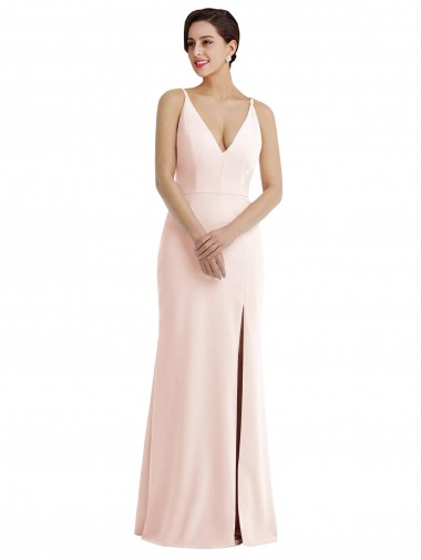 Compre Rosa Trompeta Cuello en V Crepé Elástico Largo Formales Vestidos de dama de honor / Vestidos de fiesta
