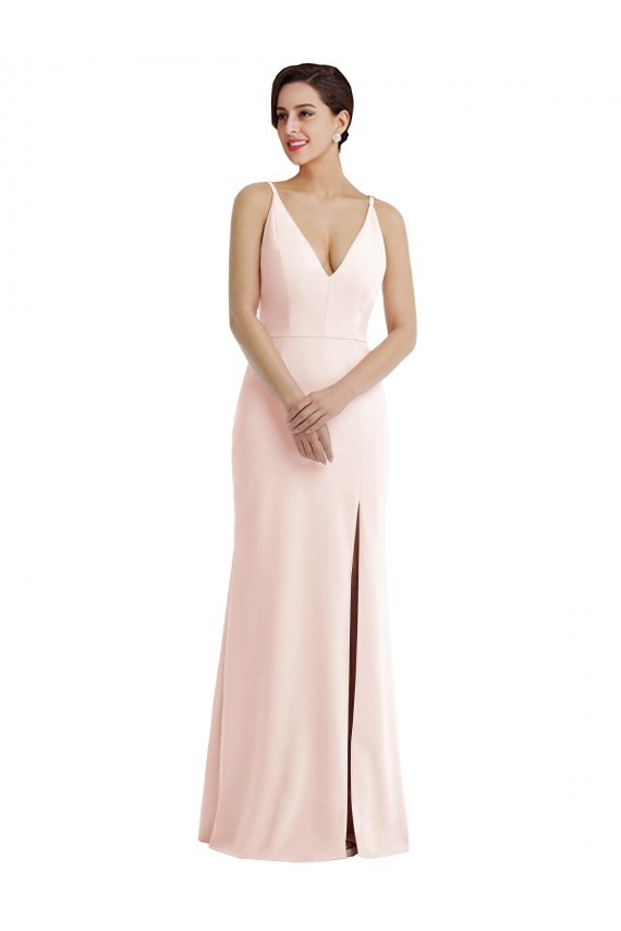 Compre Rosa Trompeta Cuello en V Crepé Elástico Largo Formales Vestidos de dama de honor / Vestidos de fiesta