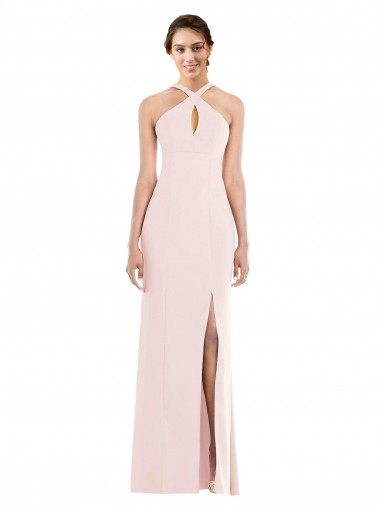 Compre Rosa Trompeta Halter Crepé Elástico Largo Formales Vestidos de dama de honor / Vestidos de fiesta