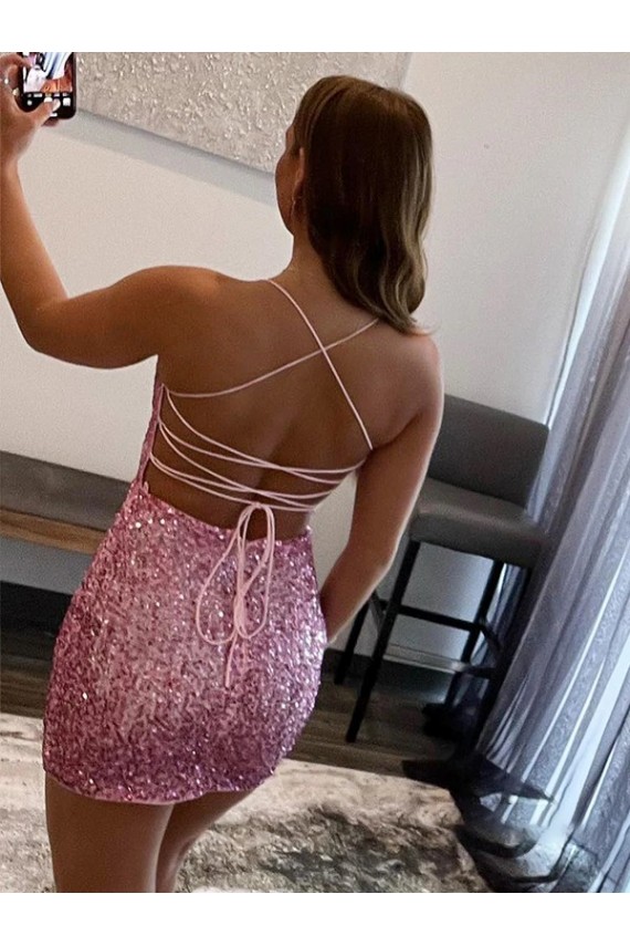 Compre Rosa caliente Cubierta Tirantes espagueti Corto Lentejuelas Terciopelo Corto Vestidos de fiesta