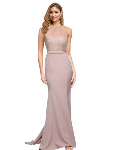 Compre Rosa empolvado Cubierta Cuello Alto Barrer tren Crepé Elástico Largo Formales Vestidos de dama de honor / Vestidos de fiesta