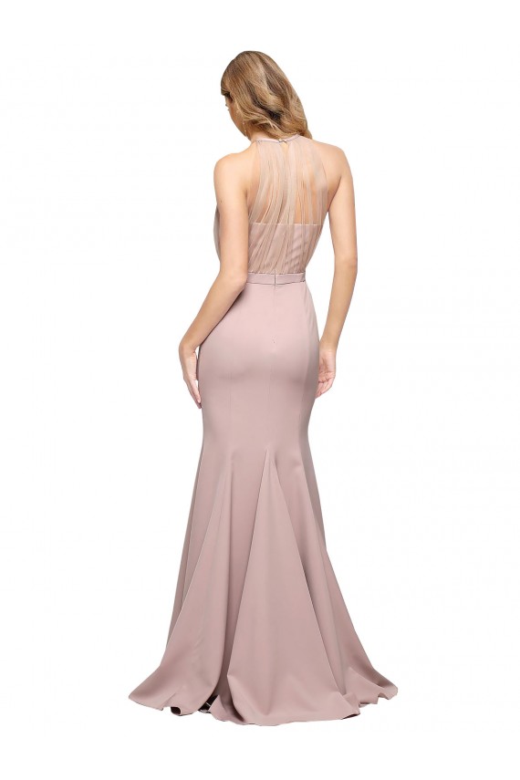 Compre Rosa empolvado Cubierta Cuello Alto Barrer tren Crepé Elástico Largo Formales Vestidos de dama de honor / Vestidos de fiesta