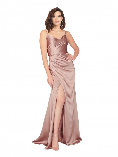 Compre Rosa empolvado Cubierta Cuello en V Satén sedoso Largo Formales Vestidos de dama de honor / Vestidos de fiesta