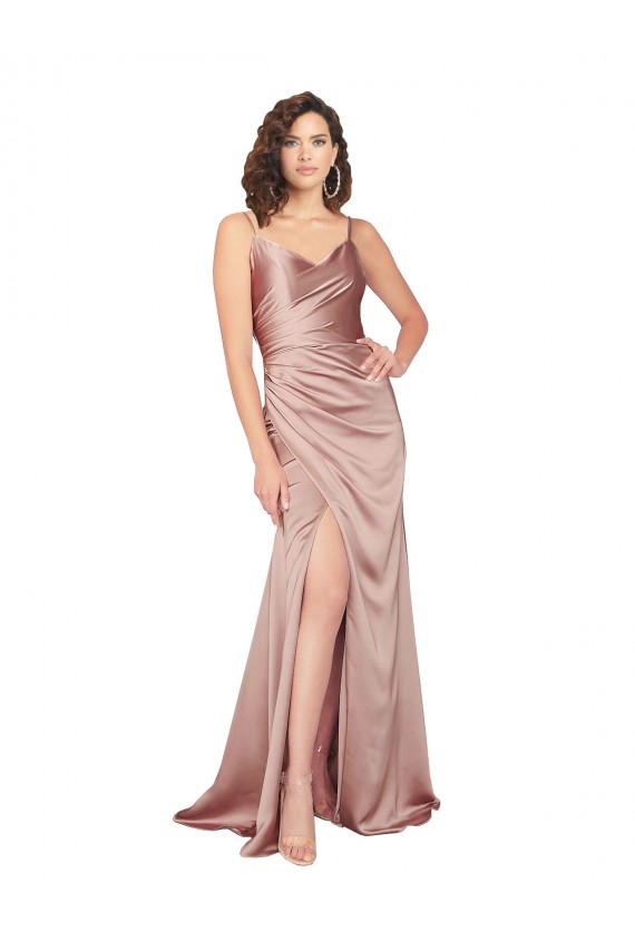 Compre Rosa empolvado Cubierta Cuello en V Satén sedoso Largo Formales Vestidos de dama de honor / Vestidos de fiesta